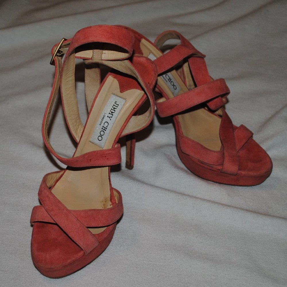 SZ 9.5 JIMMY CHOO, PINK SUEDE  5IN HEEL SHOES